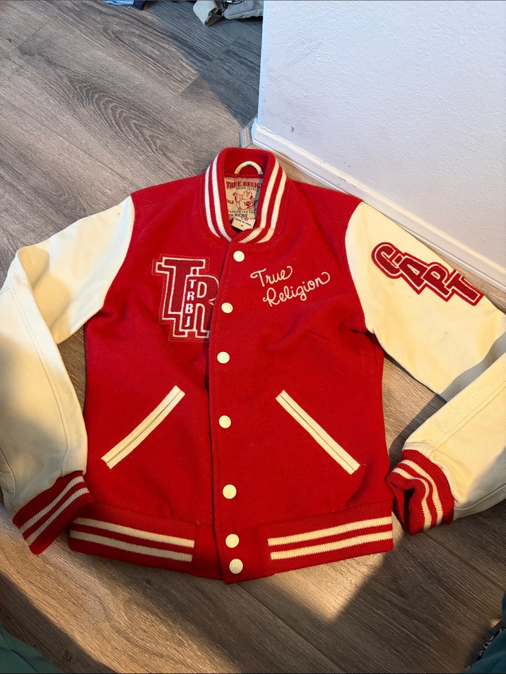 True Religion Red and White Letterman Jacket